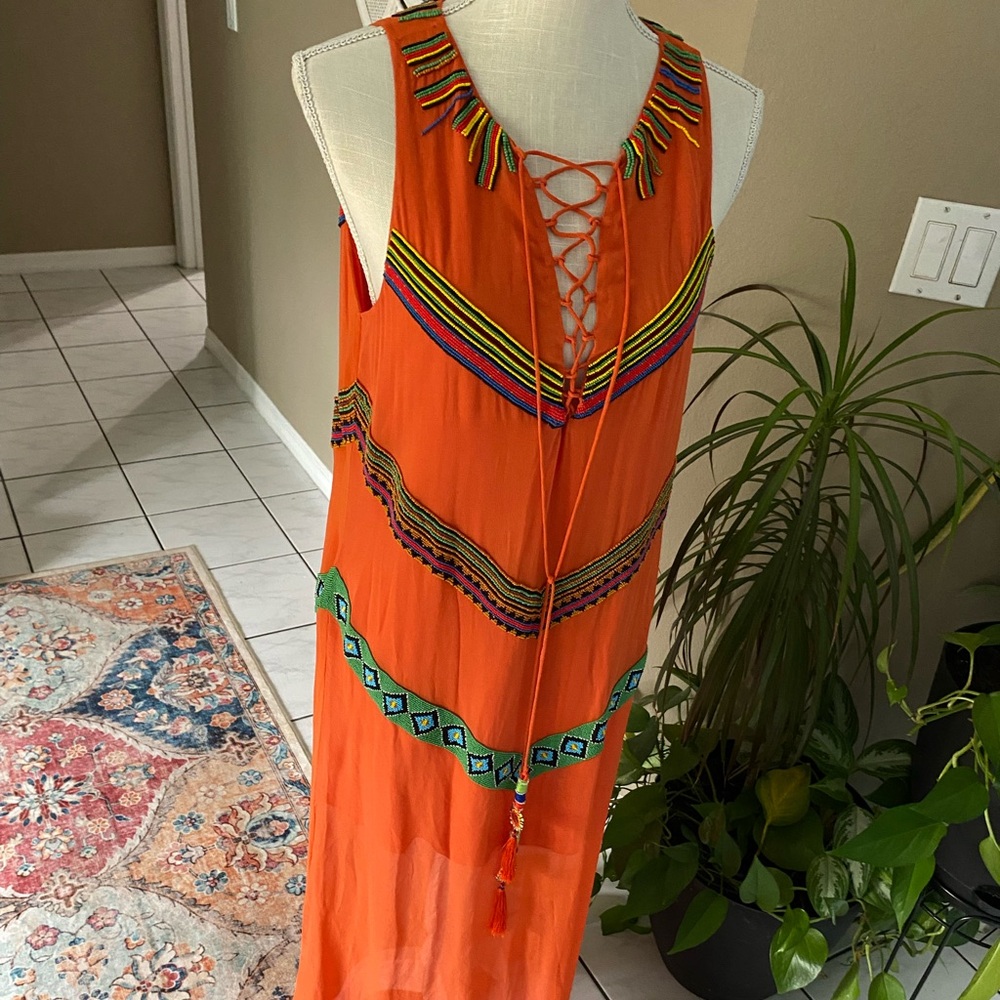 NWOT Silk Beaded Dress Artelier Nicole Miller Tie Front Lace Up Long Gown Boho